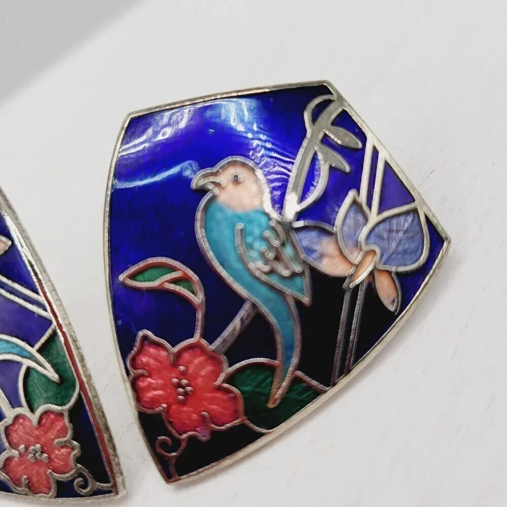 Vintage Silver Tone Cloisonne Bird & Flower Earrings Blue Enamel Shield Shape